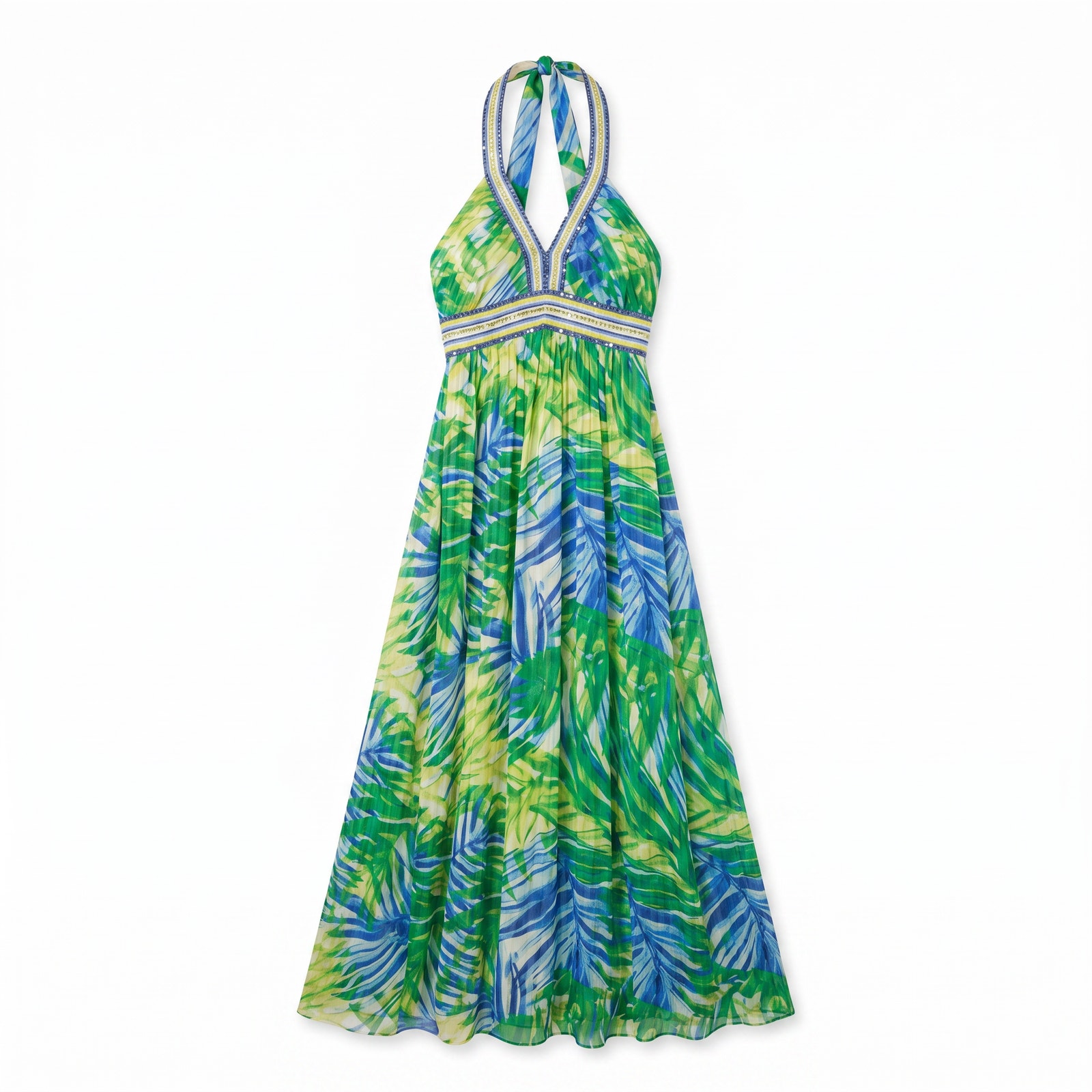 Nwt Bcbg Max Azria 100% Silk Tropical Print Halter Maxi | Sequin Empire Waist